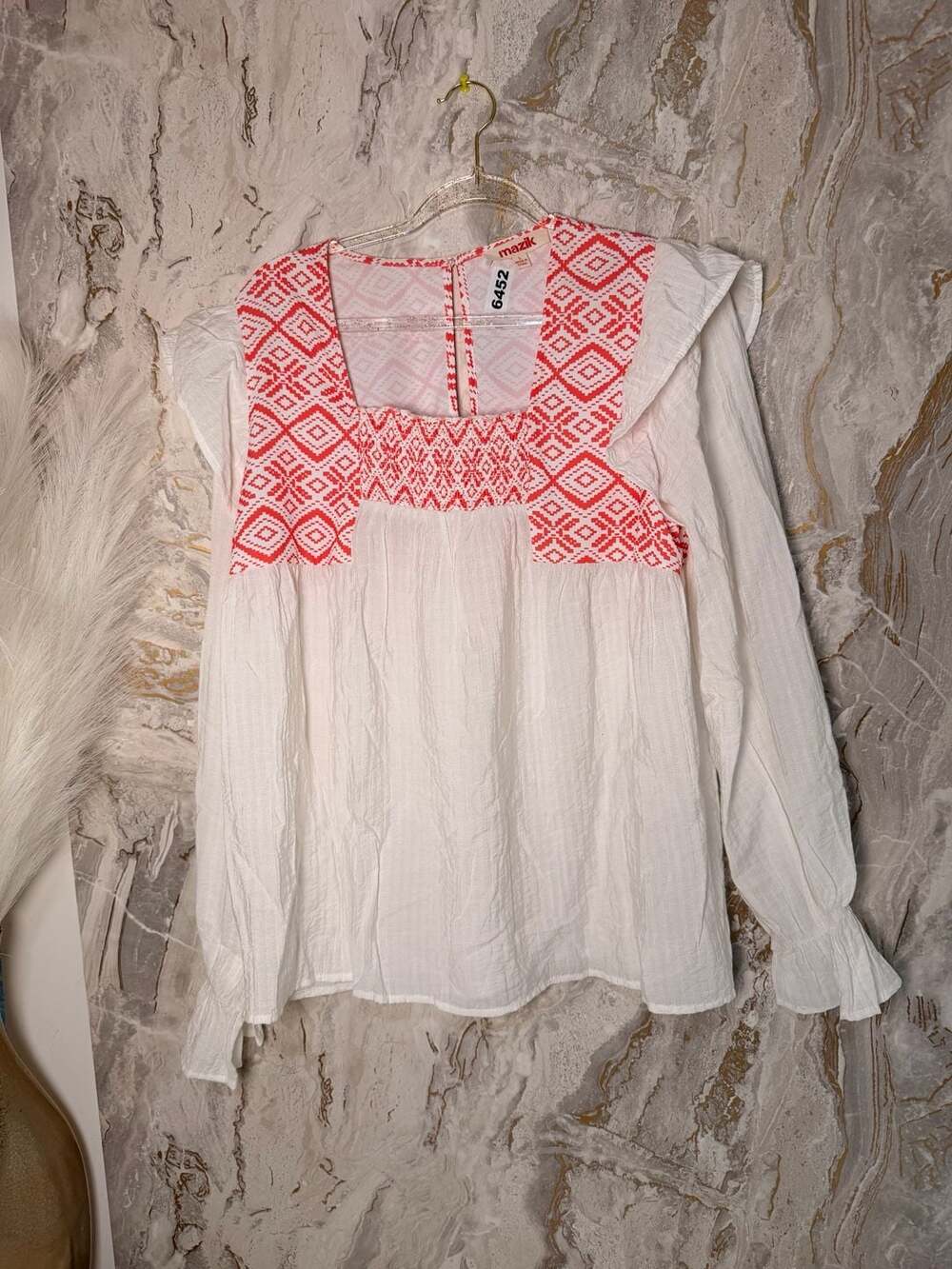 Mazik White Crinkle Long Sleeve Blouse with Coral Geometric Embroidery, Size L